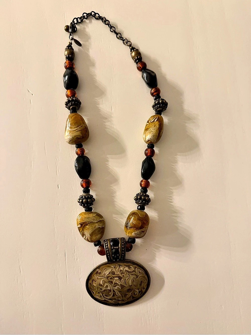 Chico's Beaded Pendant Necklace in Brown & Gold